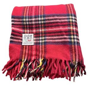 Faribo Pure Wool Plaid Throw Blanket Red Fringed Made in USA Faribault 48x56